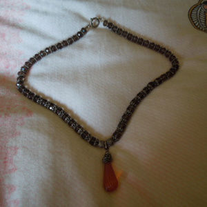 vintage silver, amber & smoky quartz necklace-nice